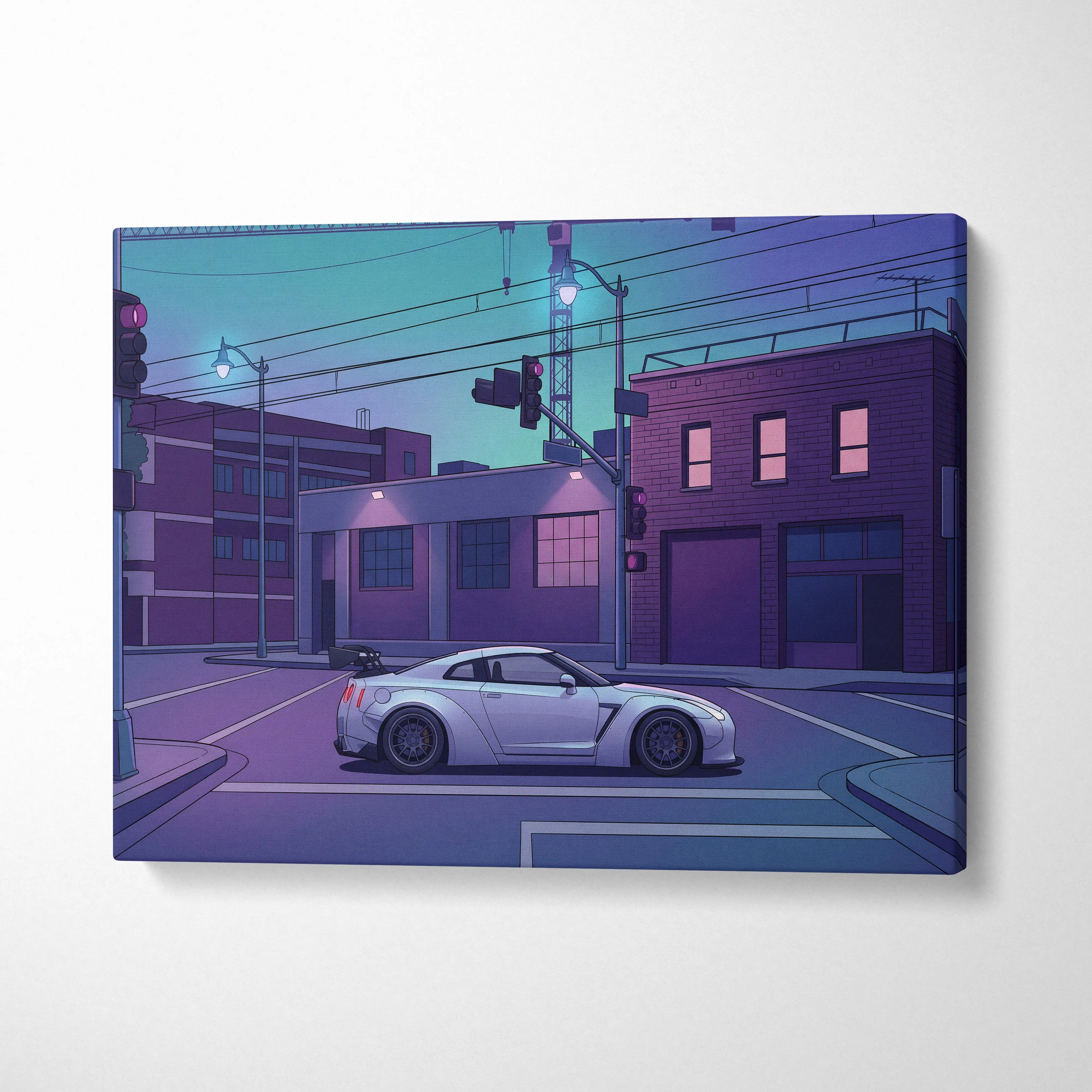 Nissan GT-R R35 Inspired Silver Purple Canvas Wall Art, Vaporwave JDM Supercar Artwork, Neon City Garage Decor, Retro Futuristic Print