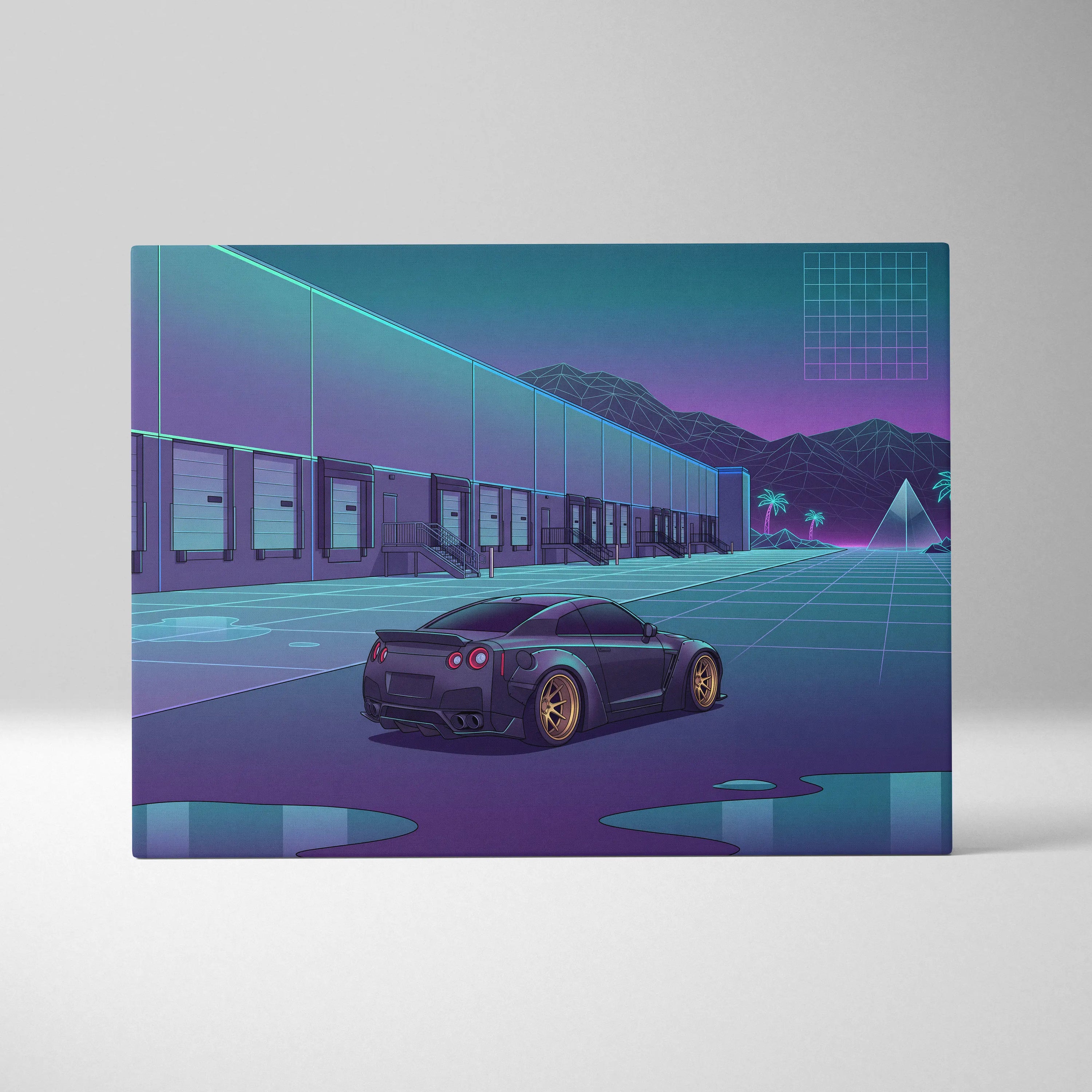 Nissan GT-R R35 Inspired Black Purple Canvas Wall Art, Neon Vaporwave JDM Supercar Artwork for Garage Decor