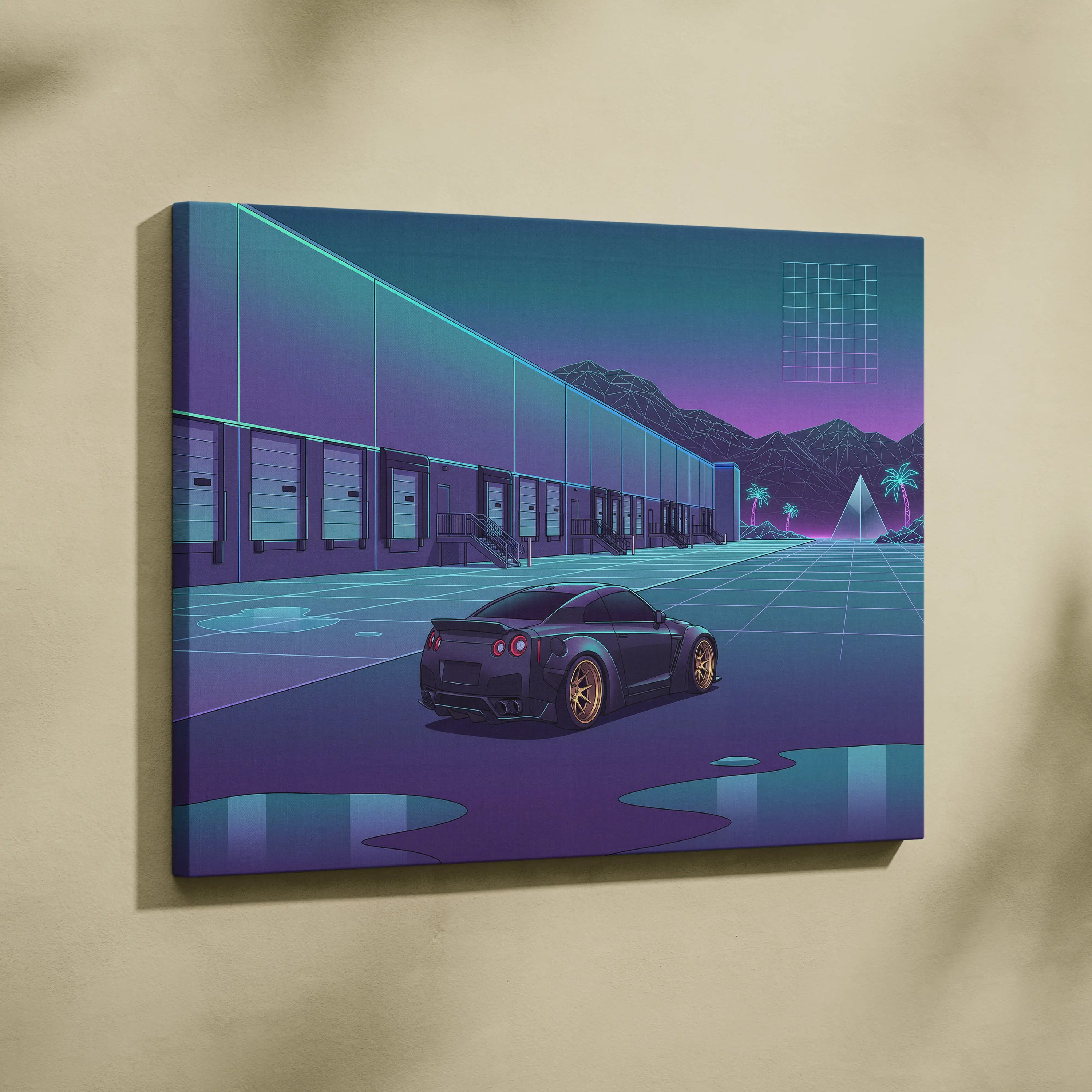 Nissan GT-R R35 Inspired Black Purple Canvas Wall Art, Neon Vaporwave JDM Supercar Artwork for Garage Decor
