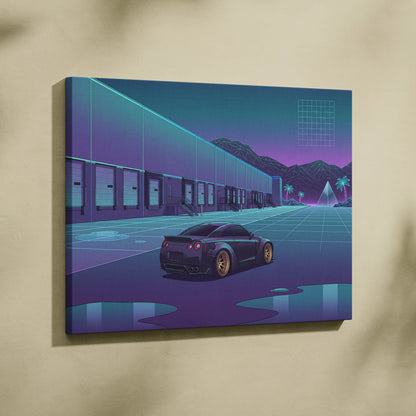 Nissan GT-R R35 Inspired Black Purple Canvas Wall Art, Neon Vaporwave JDM Supercar Artwork for Garage Decor