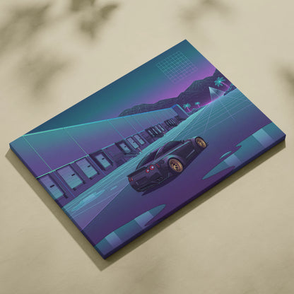Nissan GT-R R35 Inspired Black Purple Canvas Wall Art, Neon Vaporwave JDM Supercar Artwork for Garage Decor