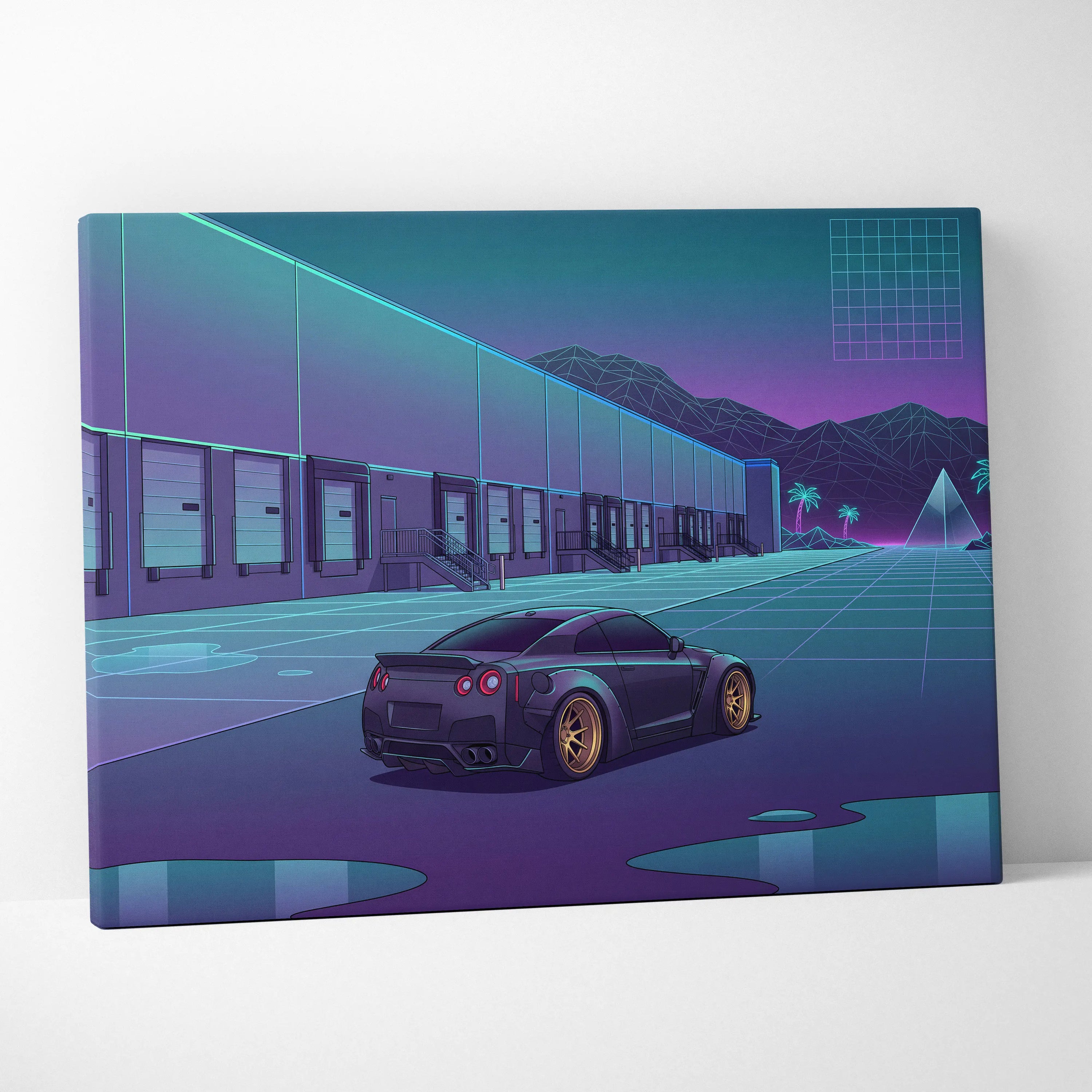 Nissan GT-R R35 Inspired Black Purple Canvas Wall Art, Neon Vaporwave JDM Supercar Artwork for Garage Decor