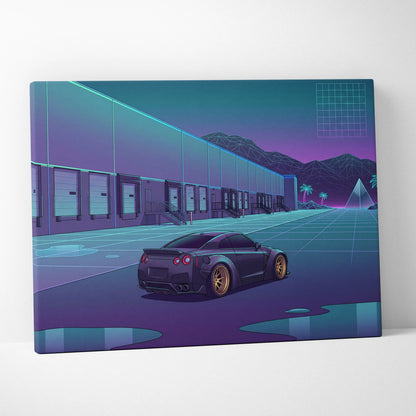 Nissan GT-R R35 Inspired Black Purple Canvas Wall Art, Neon Vaporwave JDM Supercar Artwork for Garage Decor