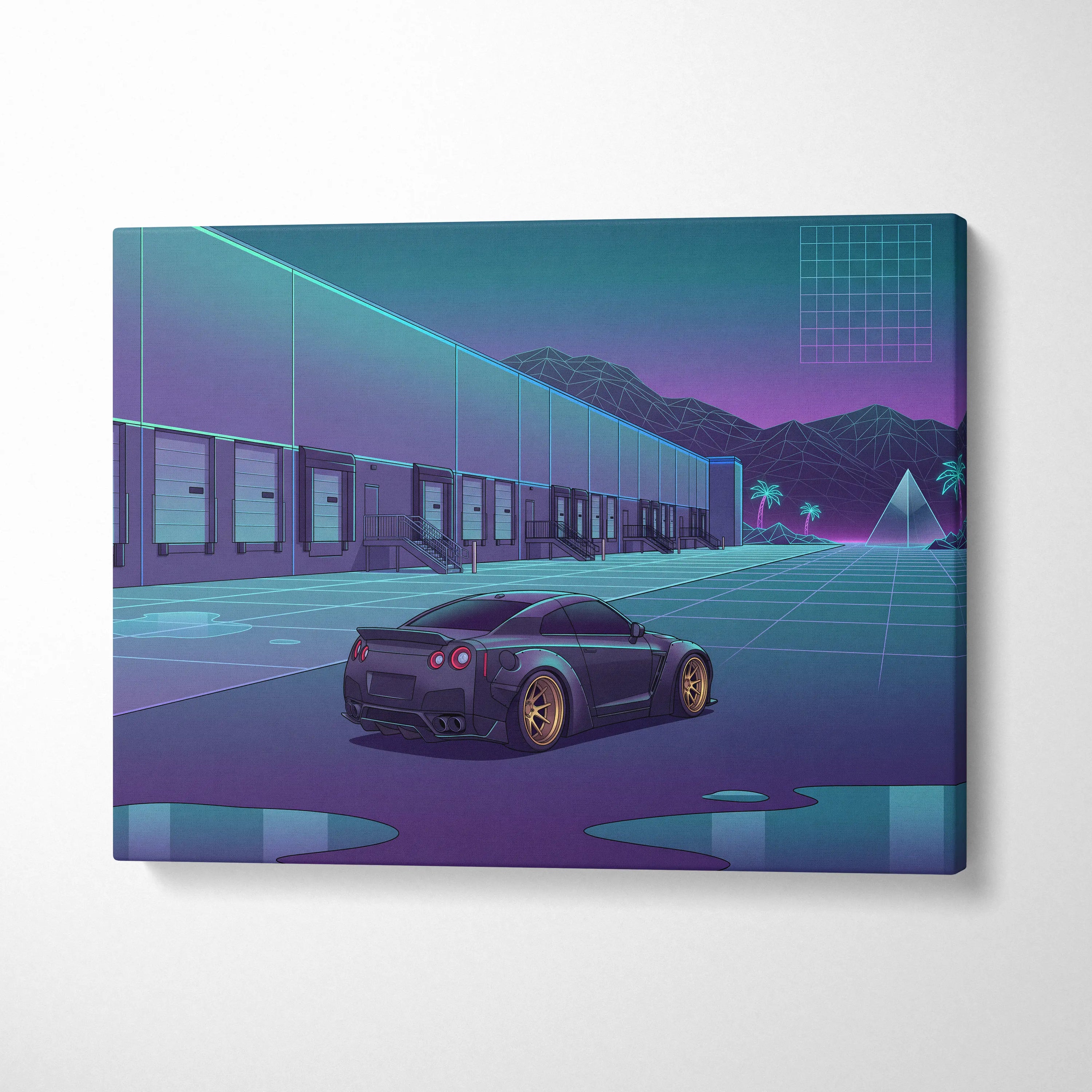 Nissan GT-R R35 Inspired Black Purple Canvas Wall Art, Neon Vaporwave JDM Supercar Artwork for Garage Decor