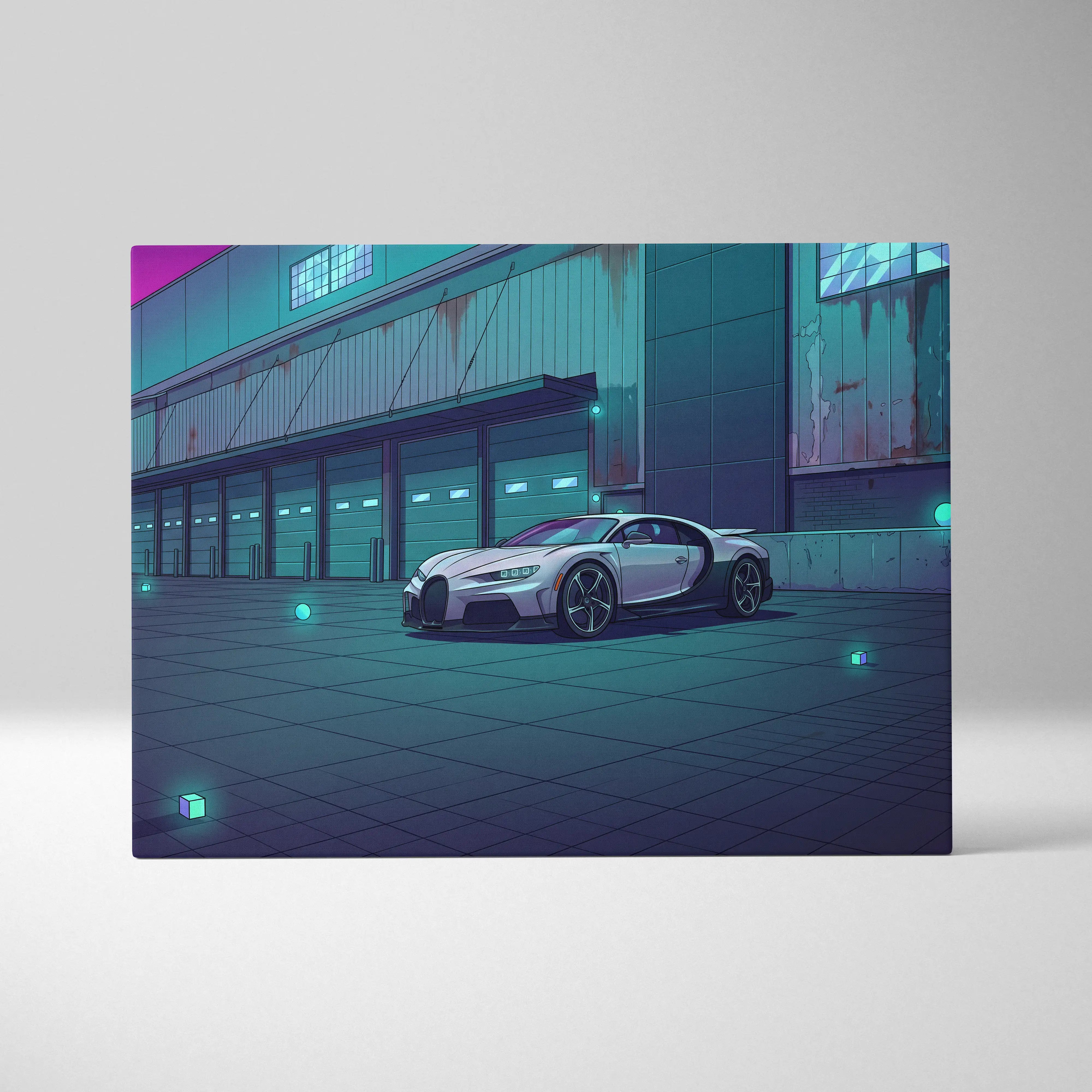 A sleek white bugatti chiron sports car with black accents in a neon-lit vaporwave urban canvas art print