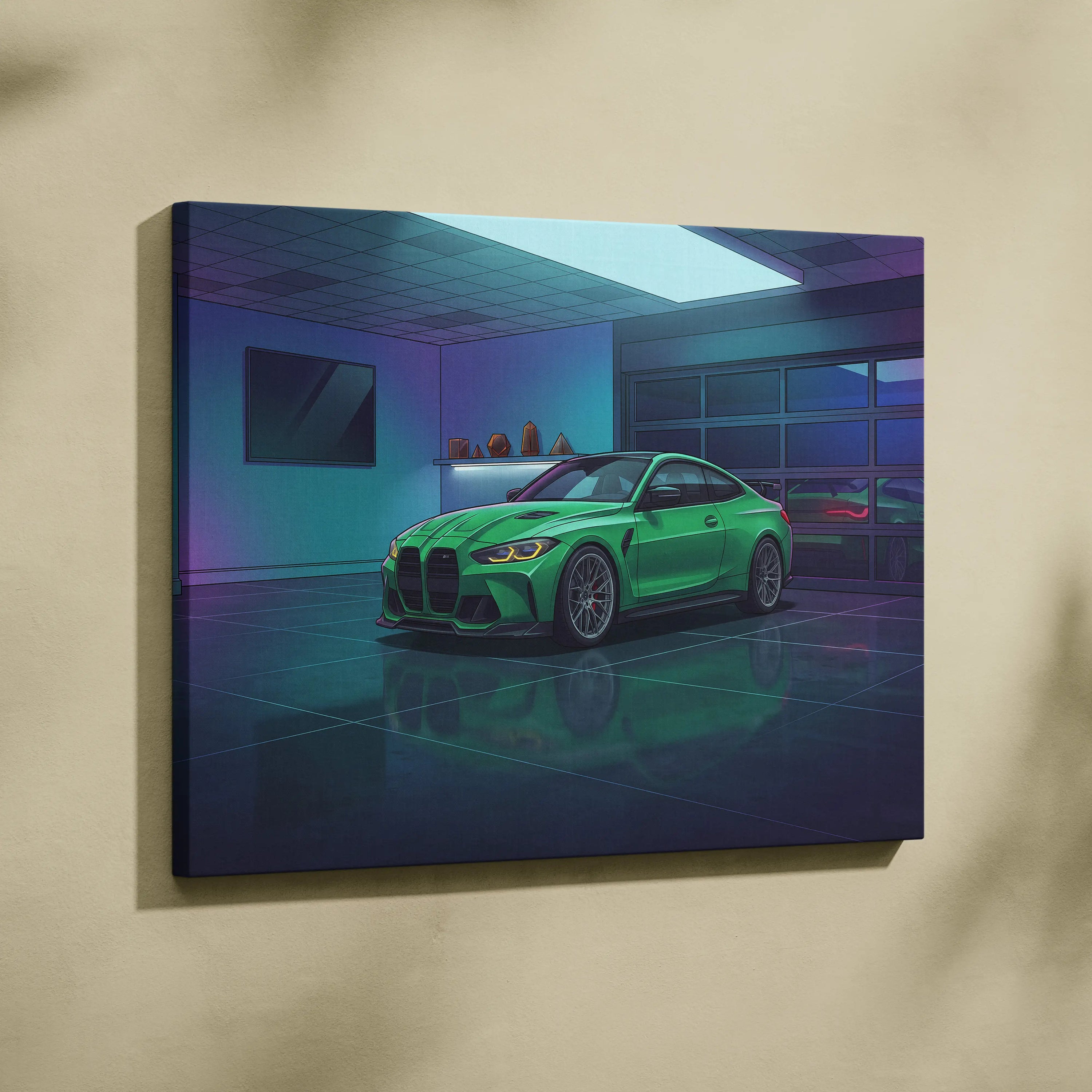 BMW M4 Inspired Vaporwave Car Canvas - Vaporwave Car Neon Green Blue Purple Bedroom Retro Futurism Nostalgic Vaporwave Wall Art