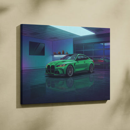 BMW M4 Inspired Vaporwave Car Canvas - Vaporwave Car Neon Green Blue Purple Bedroom Retro Futurism Nostalgic Vaporwave Wall Art