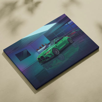 BMW M4 Inspired Vaporwave Car Canvas - Vaporwave Car Neon Green Blue Purple Bedroom Retro Futurism Nostalgic Vaporwave Wall Art
