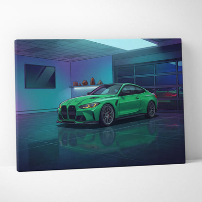 BMW M4 Inspired Vaporwave Car Canvas - Vaporwave Car Neon Green Blue Purple Bedroom Retro Futurism Nostalgic Vaporwave Wall Art