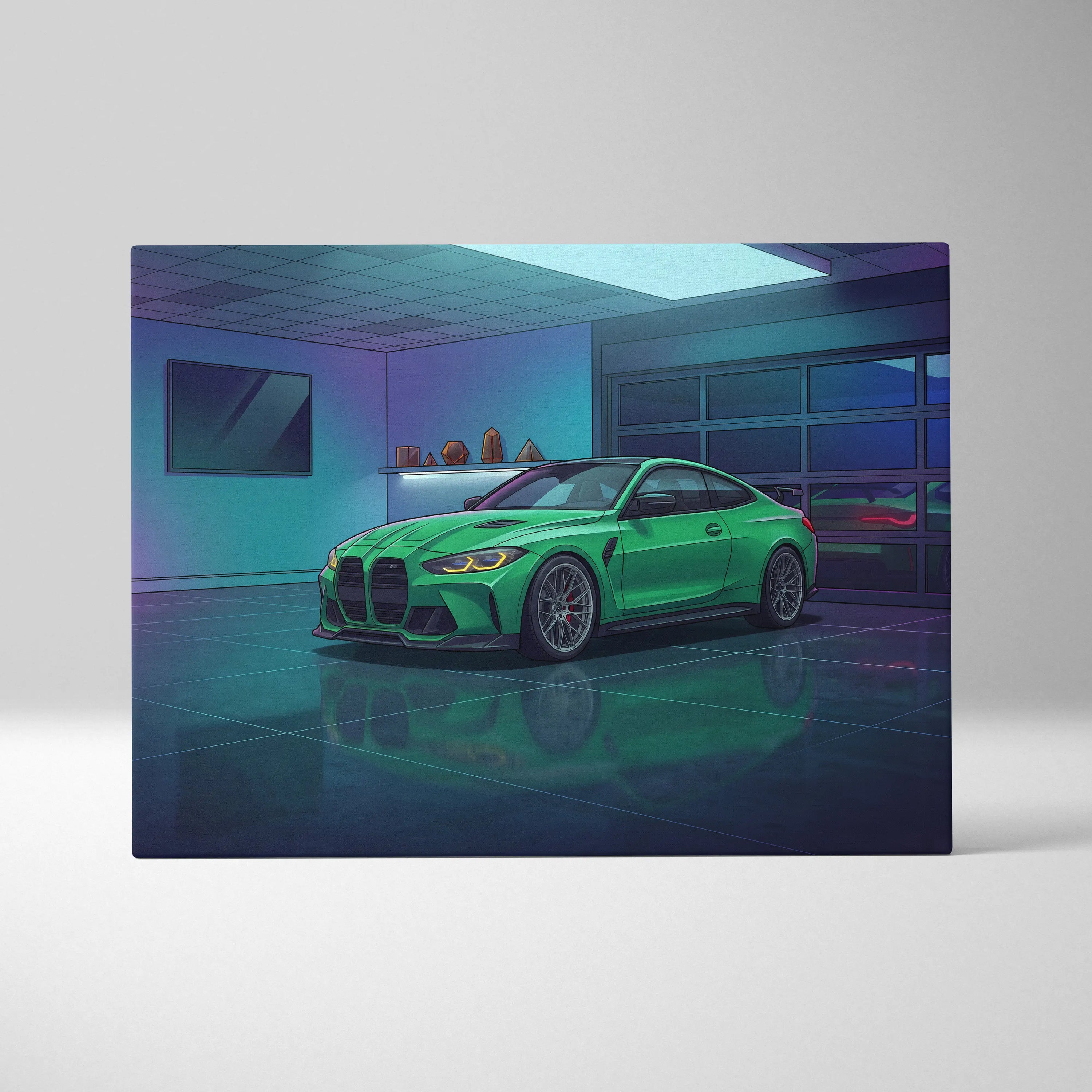 BMW M4 Inspired Vaporwave Car Canvas - Vaporwave Car Neon Green Blue Purple Bedroom Retro Futurism Nostalgic Vaporwave Wall Art