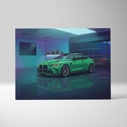 BMW M4 Inspired Vaporwave Car Canvas - Vaporwave Car Neon Green Blue Purple Bedroom Retro Futurism Nostalgic Vaporwave Wall Art