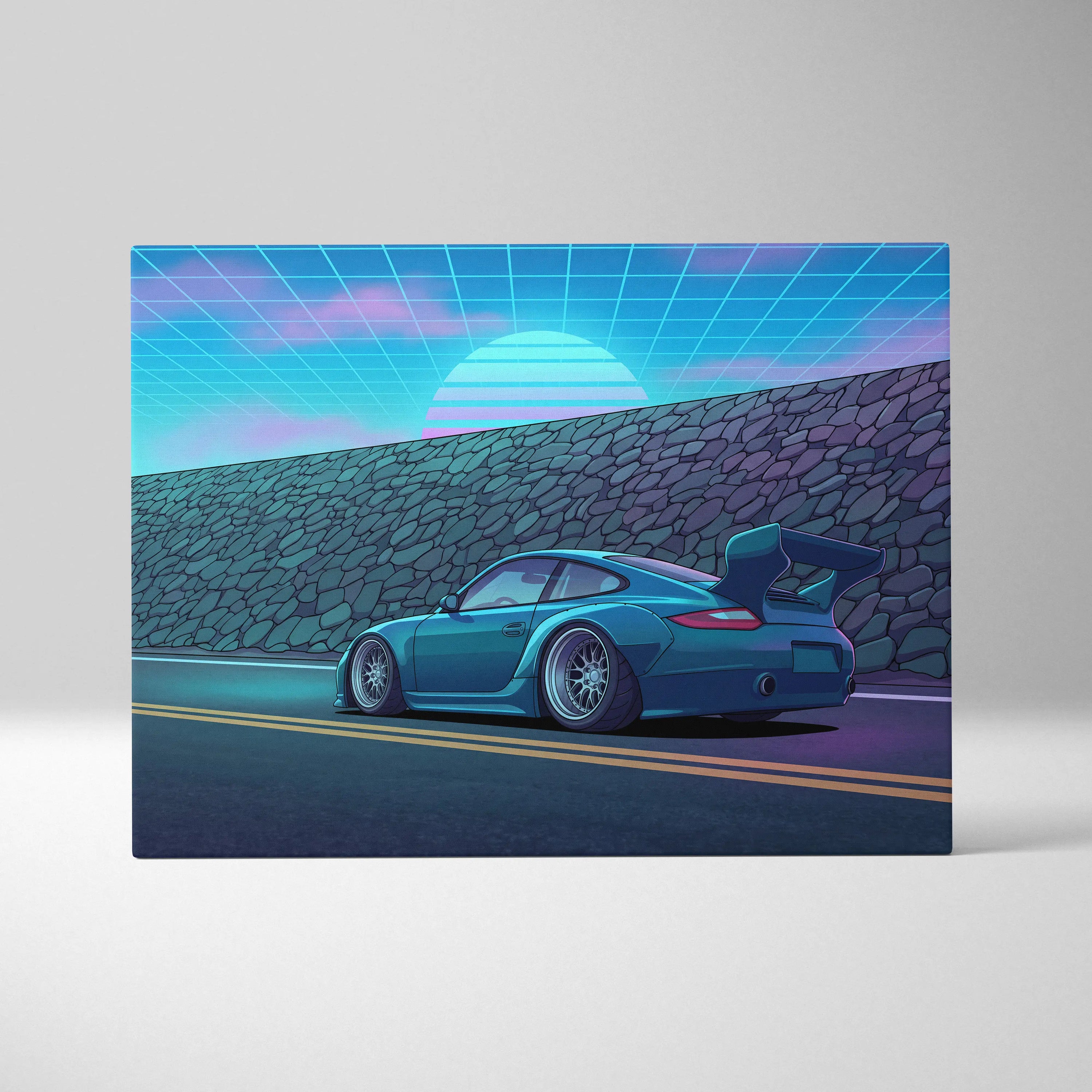Porsche 911 GT3 Widebody Inspired Blue Pink Canvas Wall Art Vaporwave Sunset Road Car Artwork, Retro Neon Garage Decor