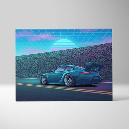 Porsche 911 GT3 Widebody Inspired Blue Pink Canvas Wall Art Vaporwave Sunset Road Car Artwork, Retro Neon Garage Decor