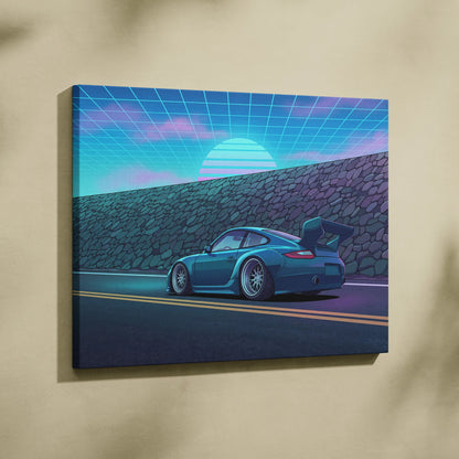 Porsche 911 GT3 Widebody Inspired Blue Pink Canvas Wall Art Vaporwave Sunset Road Car Artwork, Retro Neon Garage Decor