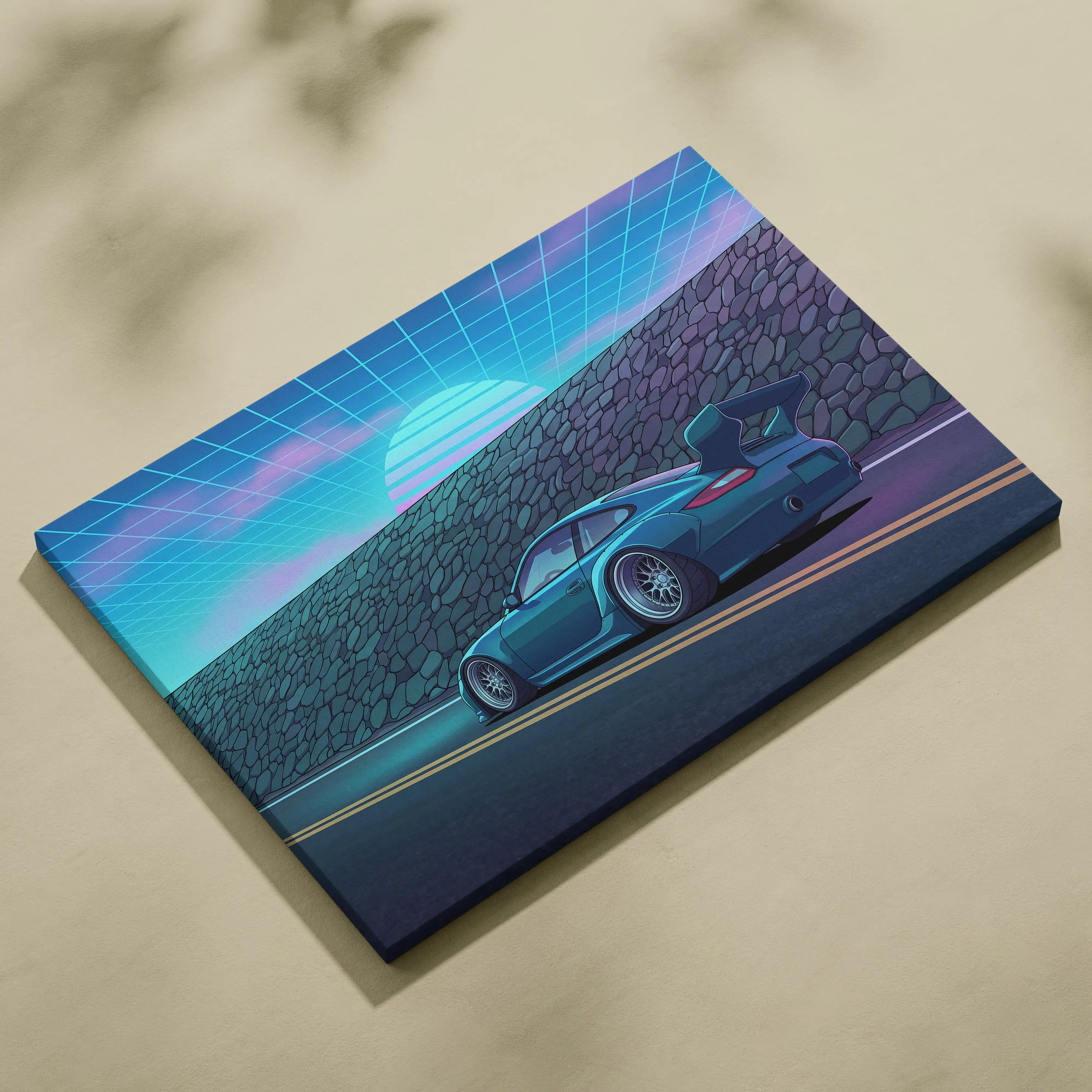 Porsche 911 GT3 Widebody Inspired Blue Pink Canvas Wall Art Vaporwave Sunset Road Car Artwork, Retro Neon Garage Decor