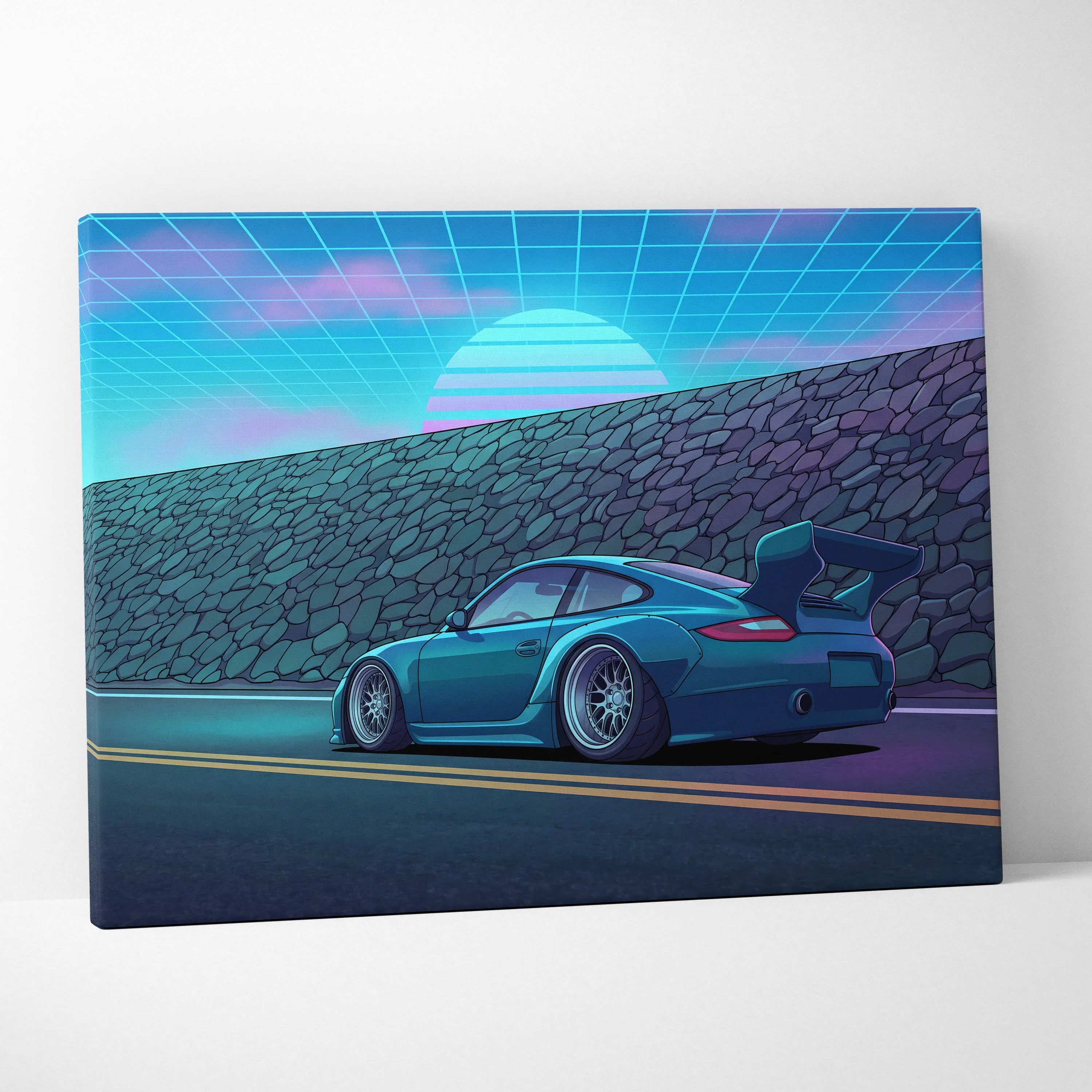 Porsche 911 GT3 Widebody Inspired Blue Pink Canvas Wall Art Vaporwave Sunset Road Car Artwork, Retro Neon Garage Decor