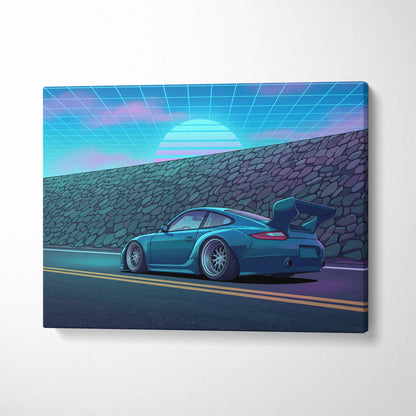 Porsche 911 GT3 Widebody Inspired Blue Pink Canvas Wall Art Vaporwave Sunset Road Car Artwork, Retro Neon Garage Decor