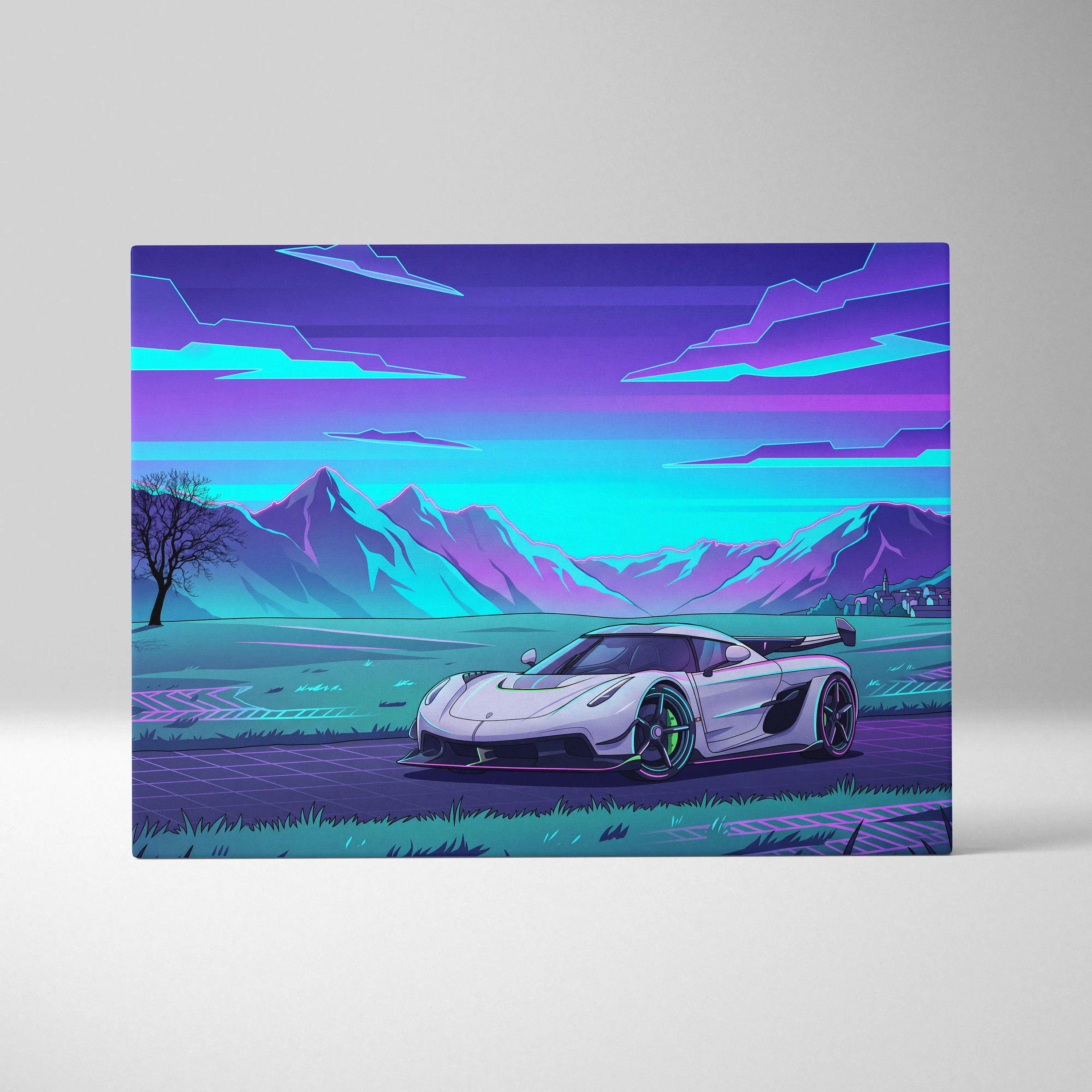 Koenigsegg Jesko Inspired White Purple Canvas Wall Art, Vaporwave Hypercar Artwork, Neon Mountain Garage Decor, Retro Futuristic Exotic Car Print