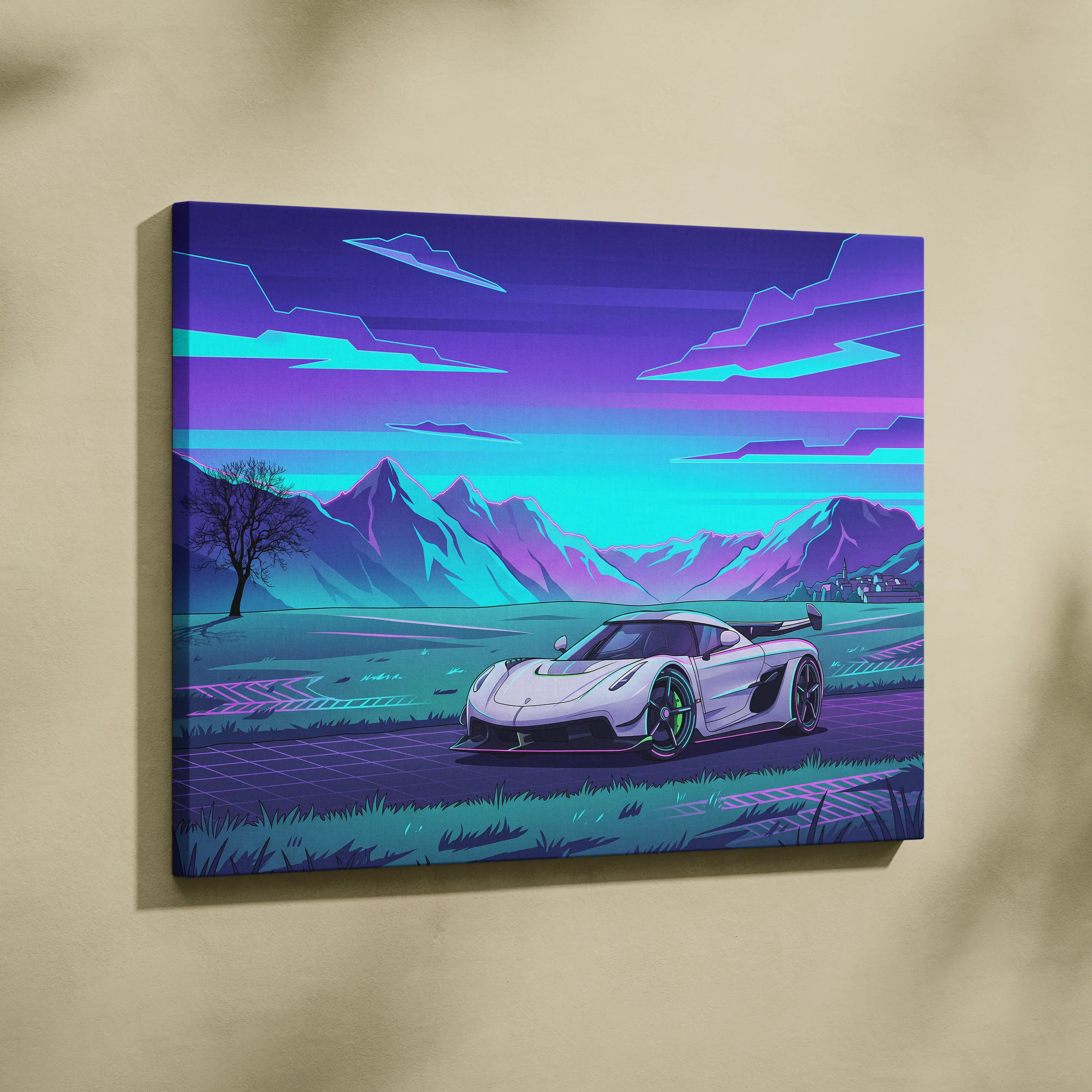 Koenigsegg Jesko Inspired White Purple Canvas Wall Art, Vaporwave Hypercar Artwork, Neon Mountain Garage Decor, Retro Futuristic Exotic Car Print