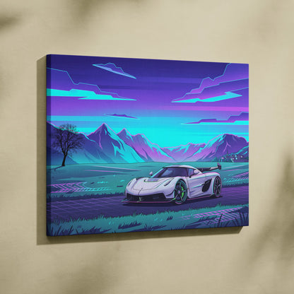 Koenigsegg Jesko Inspired White Purple Canvas Wall Art, Vaporwave Hypercar Artwork, Neon Mountain Garage Decor, Retro Futuristic Exotic Car Print