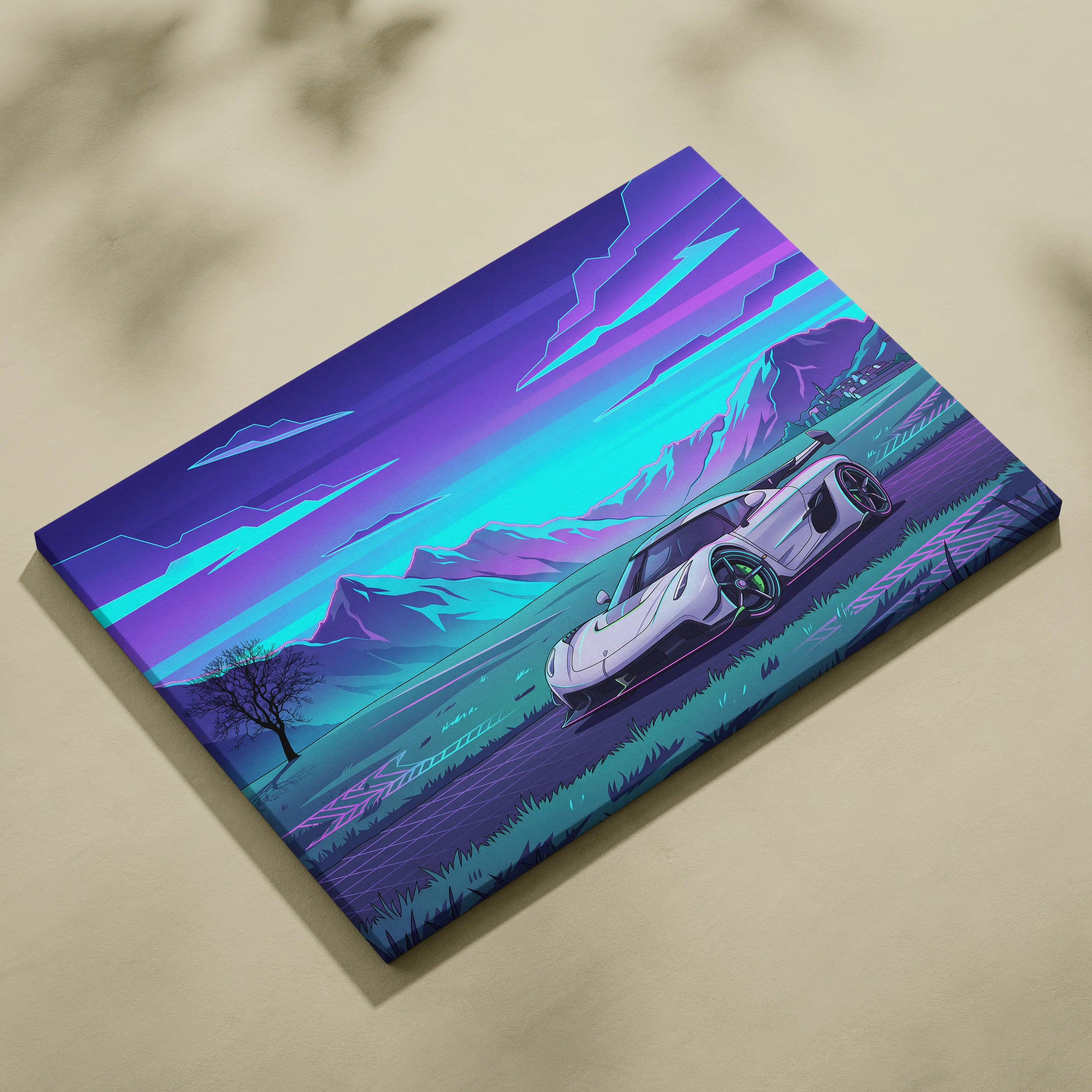 Koenigsegg Jesko Inspired White Purple Canvas Wall Art, Vaporwave Hypercar Artwork, Neon Mountain Garage Decor, Retro Futuristic Exotic Car Print