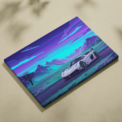 Koenigsegg Jesko Inspired White Purple Canvas Wall Art, Vaporwave Hypercar Artwork, Neon Mountain Garage Decor, Retro Futuristic Exotic Car Print