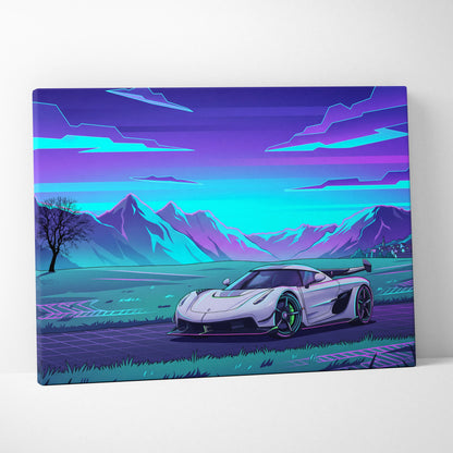 Koenigsegg Jesko Inspired White Purple Canvas Wall Art, Vaporwave Hypercar Artwork, Neon Mountain Garage Decor, Retro Futuristic Exotic Car Print