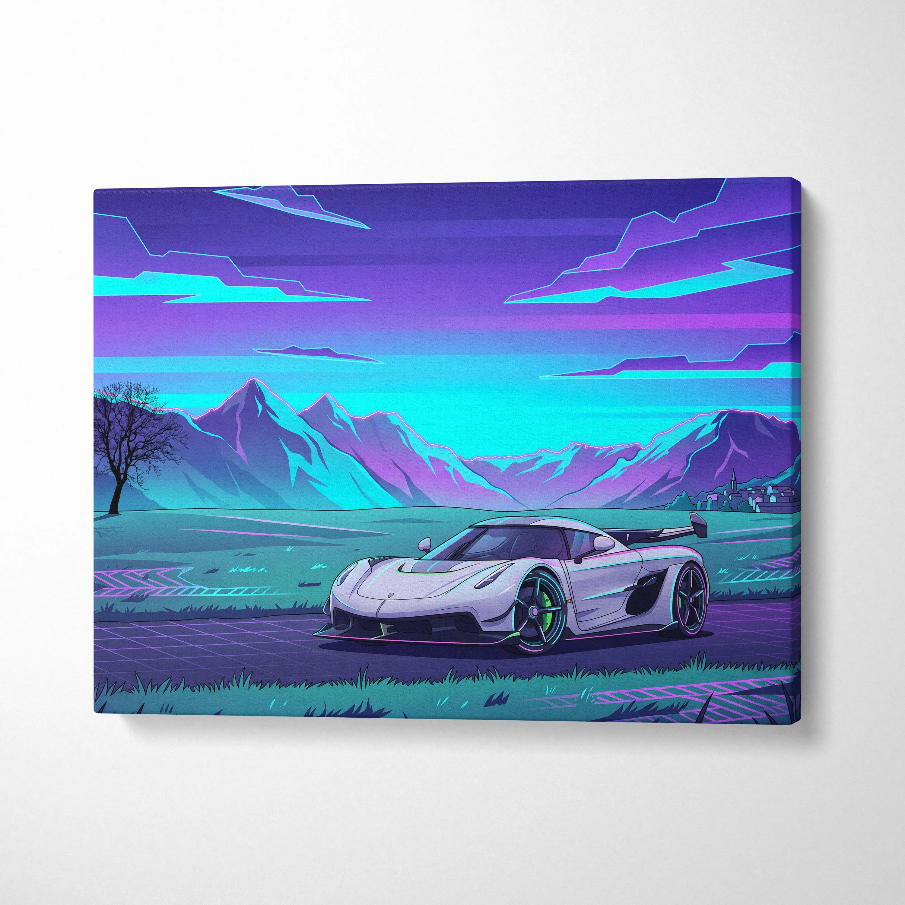 Koenigsegg Jesko Inspired White Purple Canvas Wall Art, Vaporwave Hypercar Artwork, Neon Mountain Garage Decor, Retro Futuristic Exotic Car Print