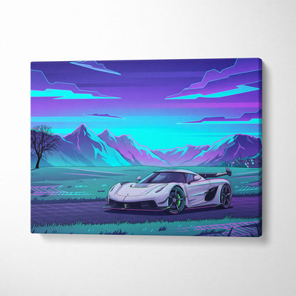 Koenigsegg Jesko Inspired White Purple Canvas Wall Art, Vaporwave Hypercar Artwork, Neon Mountain Garage Decor, Retro Futuristic Exotic Car Print