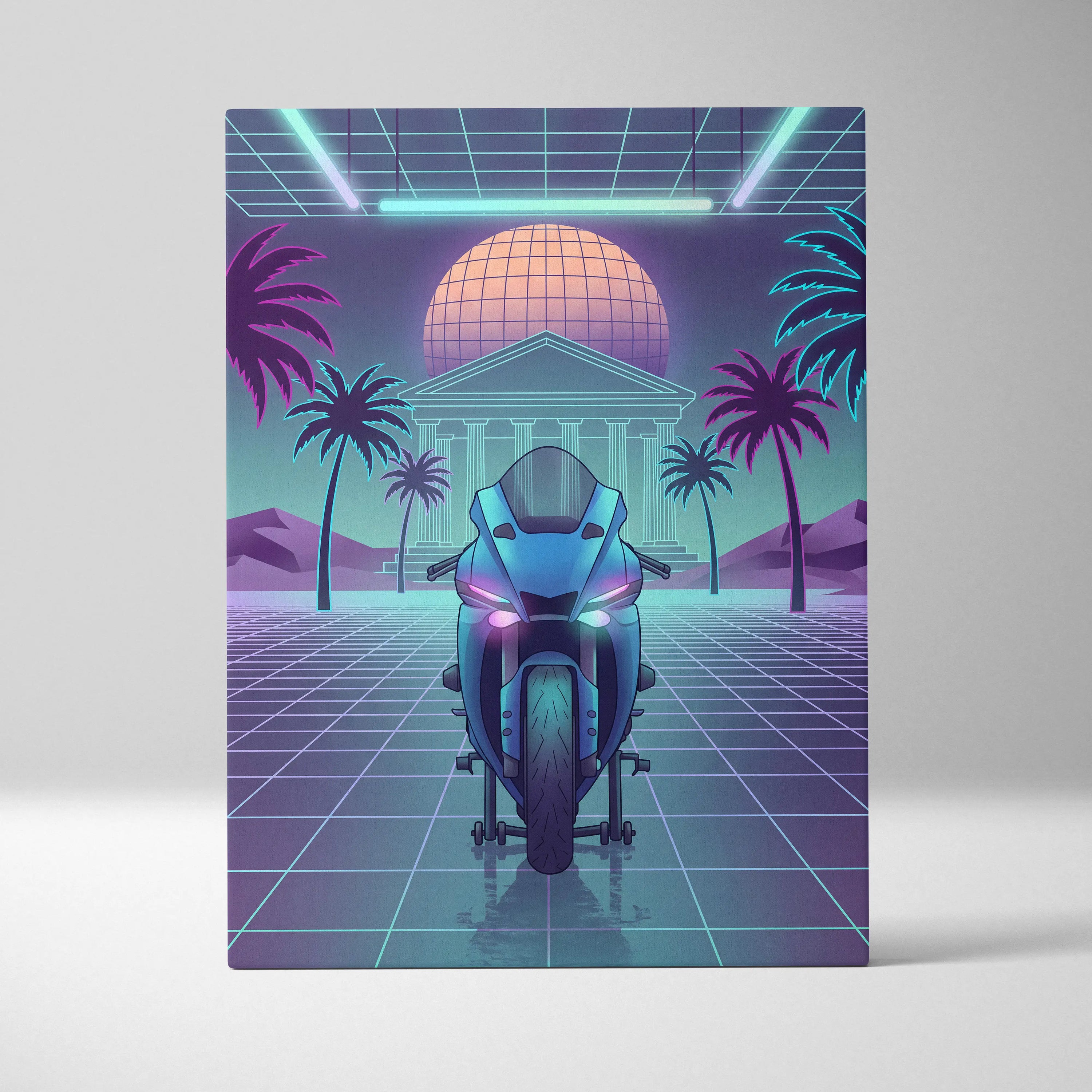 Yamaha R1 Inspired Teal Purple Motorcycle Canvas Wall Art Vaporwave Neon Sportbike Garage Decor Retro Futuristic Racing Artwork
