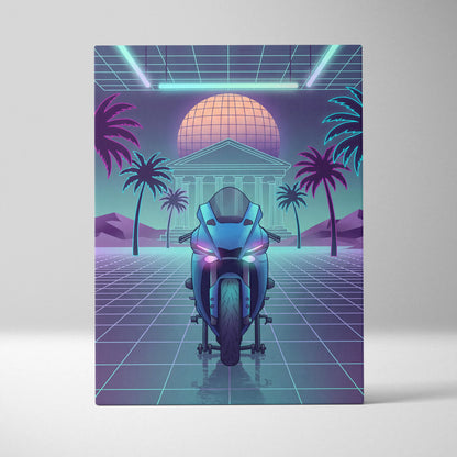 Yamaha R1 Inspired Teal Purple Motorcycle Canvas Wall Art Vaporwave Neon Sportbike Garage Decor Retro Futuristic Racing Artwork