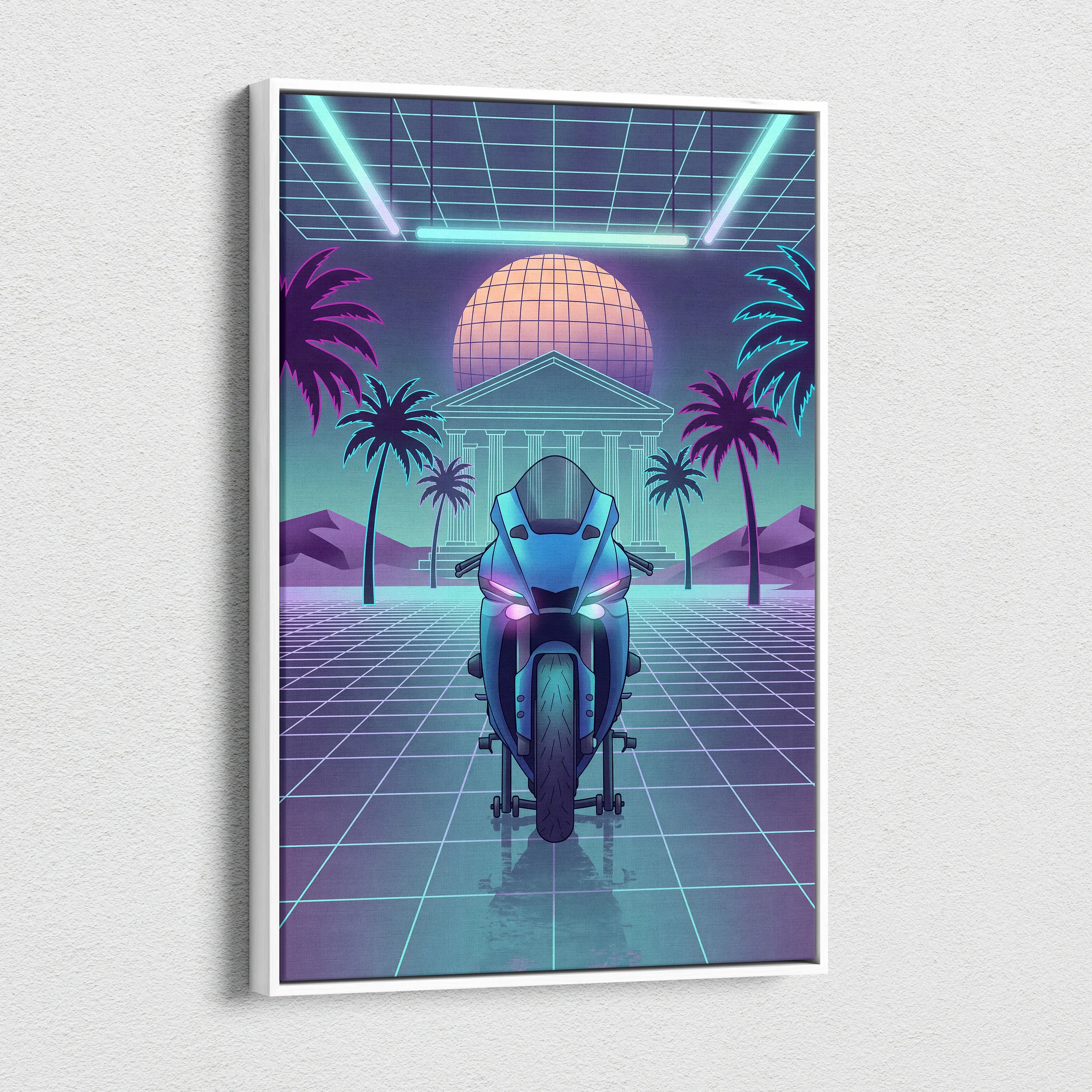 Yamaha R1 Inspired Teal Purple Motorcycle Canvas Wall Art Vaporwave Neon Sportbike Garage Decor Retro Futuristic Racing Artwork