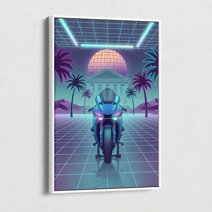 Yamaha R1 Inspired Teal Purple Motorcycle Canvas Wall Art Vaporwave Neon Sportbike Garage Decor Retro Futuristic Racing Artwork
