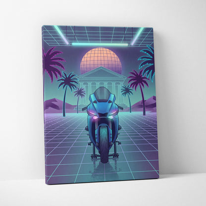 Yamaha R1 Inspired Teal Purple Motorcycle Canvas Wall Art Vaporwave Neon Sportbike Garage Decor Retro Futuristic Racing Artwork