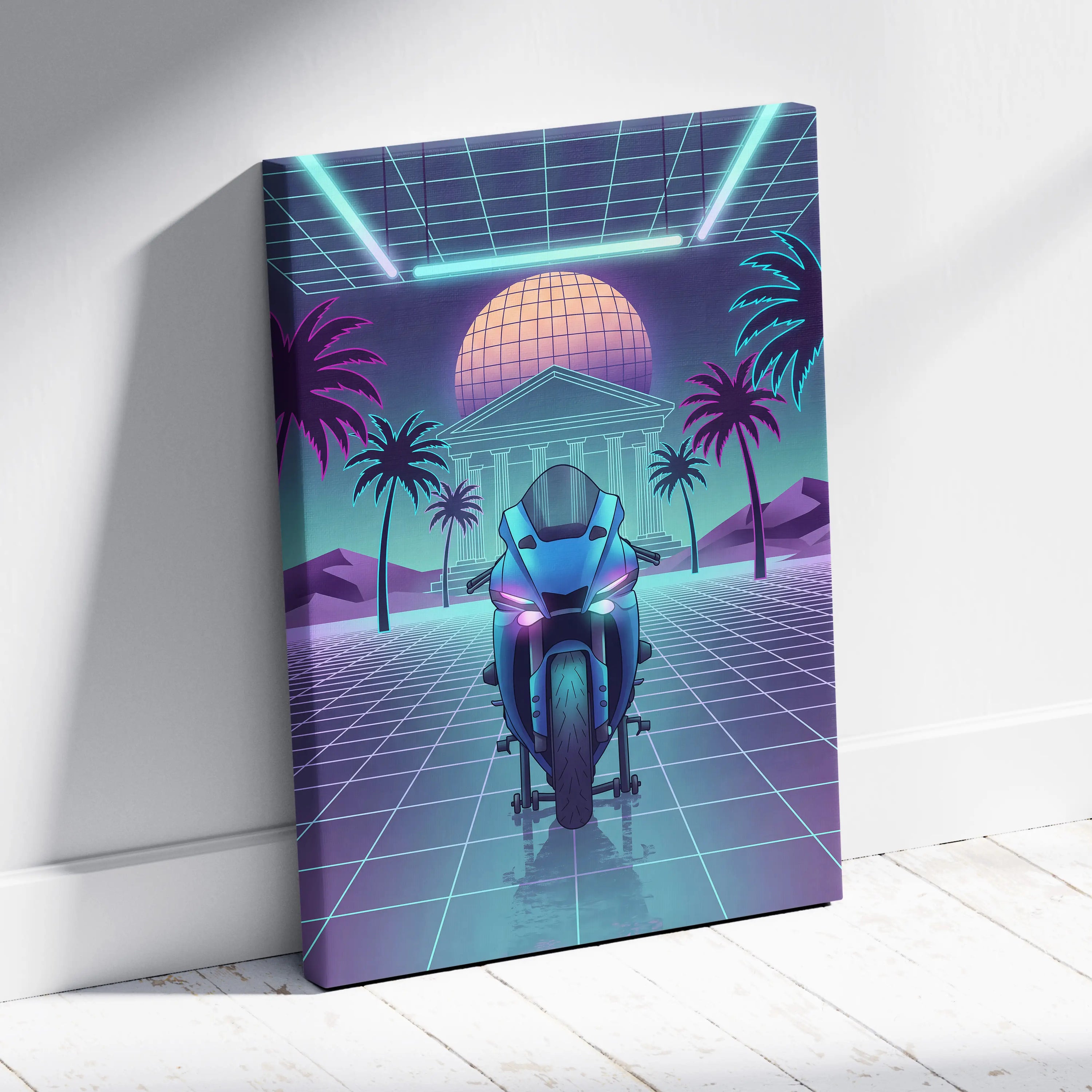 Yamaha R1 Inspired Teal Purple Motorcycle Canvas Wall Art Vaporwave Neon Sportbike Garage Decor Retro Futuristic Racing Artwork