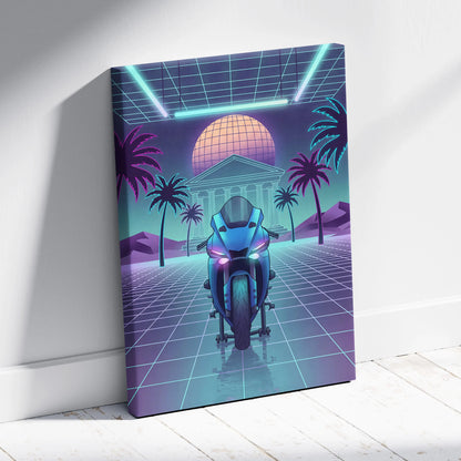 Yamaha R1 Inspired Teal Purple Motorcycle Canvas Wall Art Vaporwave Neon Sportbike Garage Decor Retro Futuristic Racing Artwork