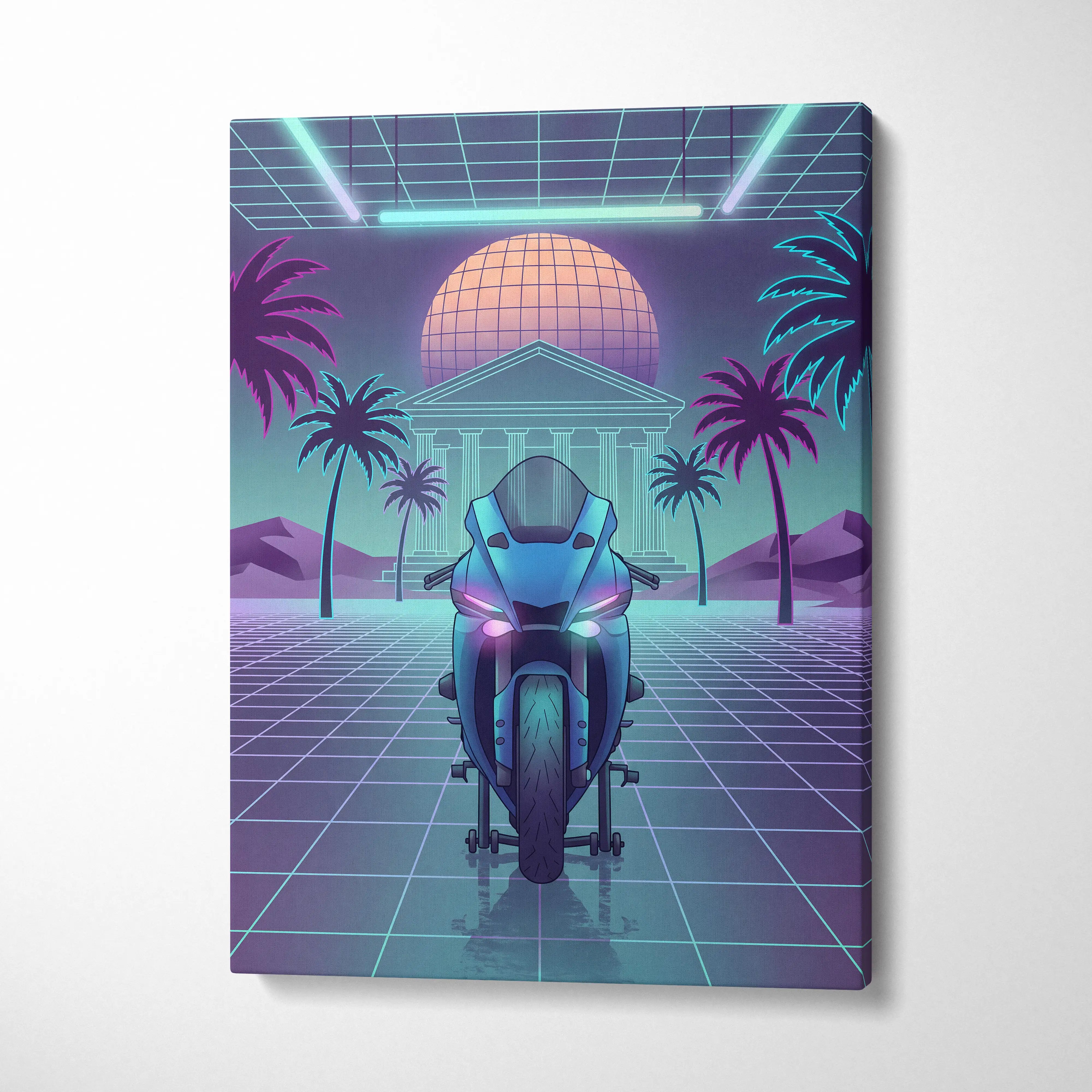 Yamaha R1 Inspired Teal Purple Motorcycle Canvas Wall Art Vaporwave Neon Sportbike Garage Decor Retro Futuristic Racing Artwork