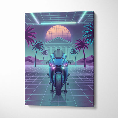 Yamaha R1 Inspired Teal Purple Motorcycle Canvas Wall Art Vaporwave Neon Sportbike Garage Decor Retro Futuristic Racing Artwork