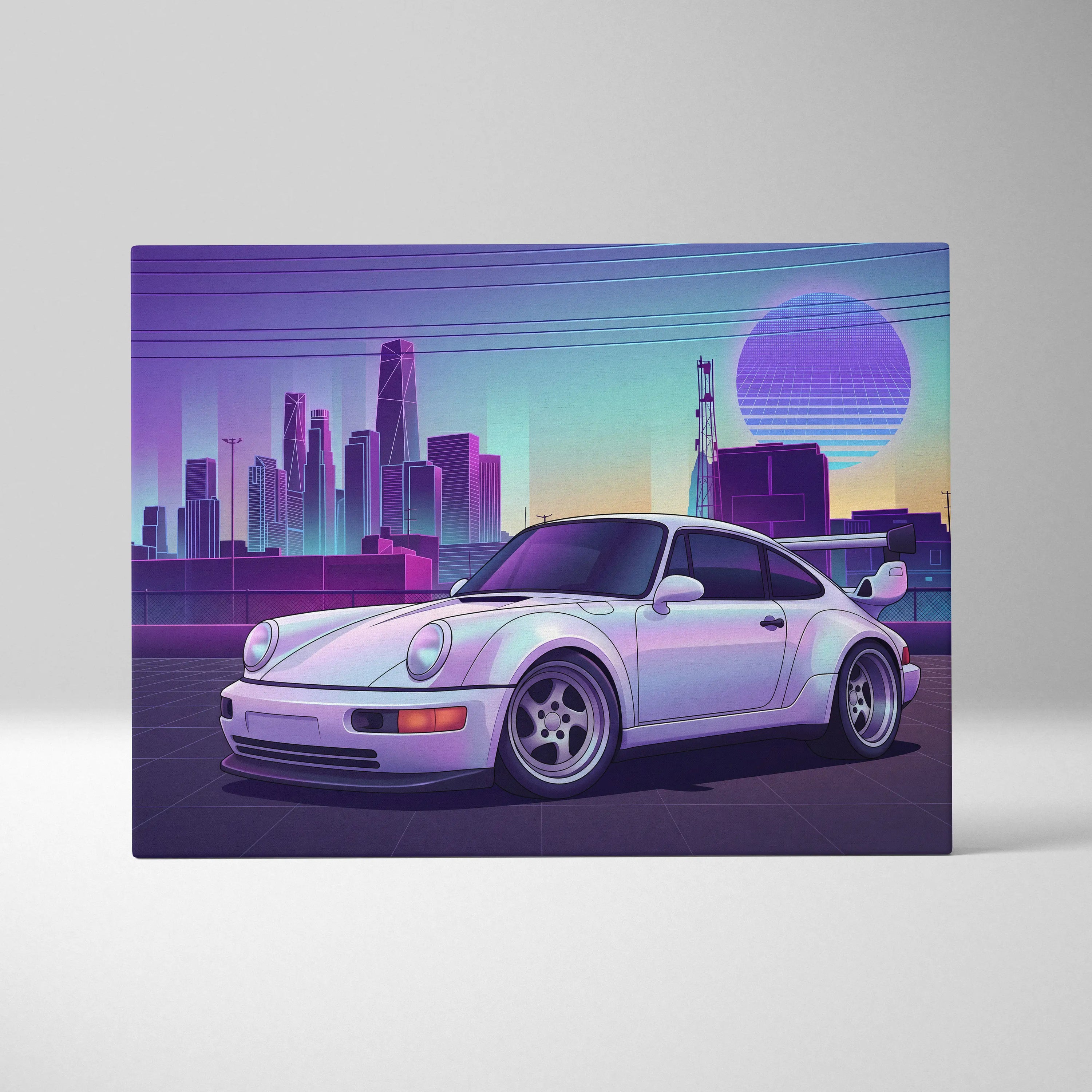 Porsche 911 Turbo Classic Inspired White Purple Canvas Wall Art Vaporwave Neon City Sports Car Artwork, Retro Sunset Garage Decor
