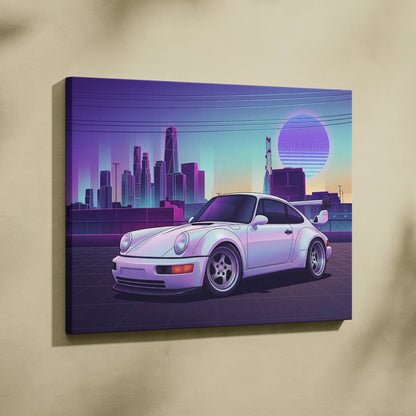 Porsche 911 Turbo Classic Inspired White Purple Canvas Wall Art Vaporwave Neon City Sports Car Artwork, Retro Sunset Garage Decor
