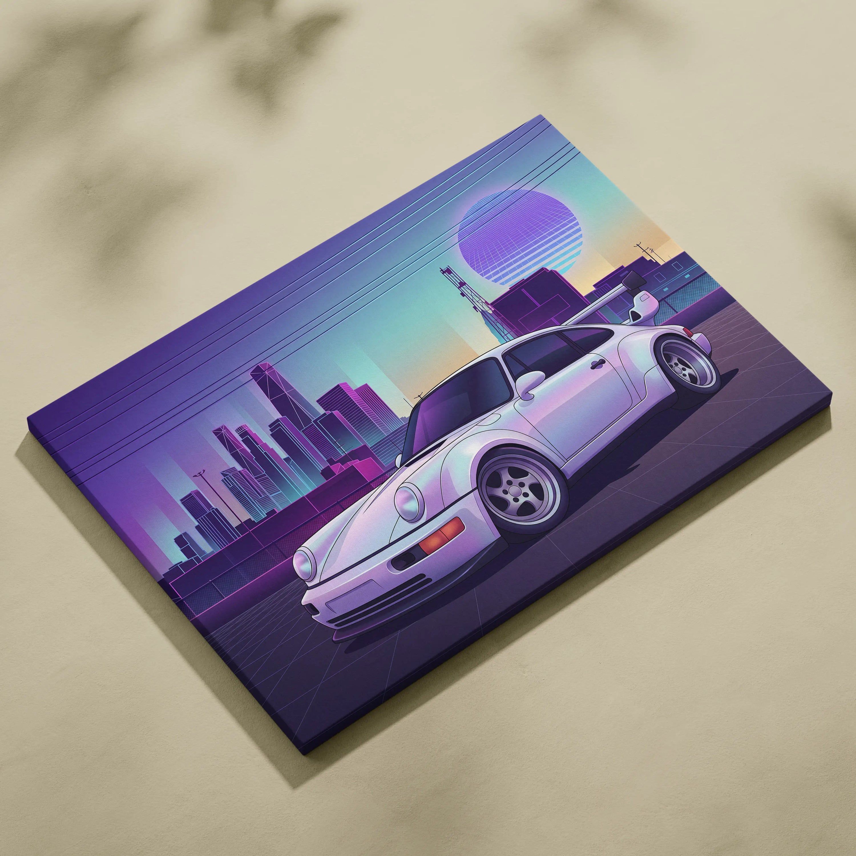 Porsche 911 Turbo Classic Inspired White Purple Canvas Wall Art Vaporwave Neon City Sports Car Artwork, Retro Sunset Garage Decor