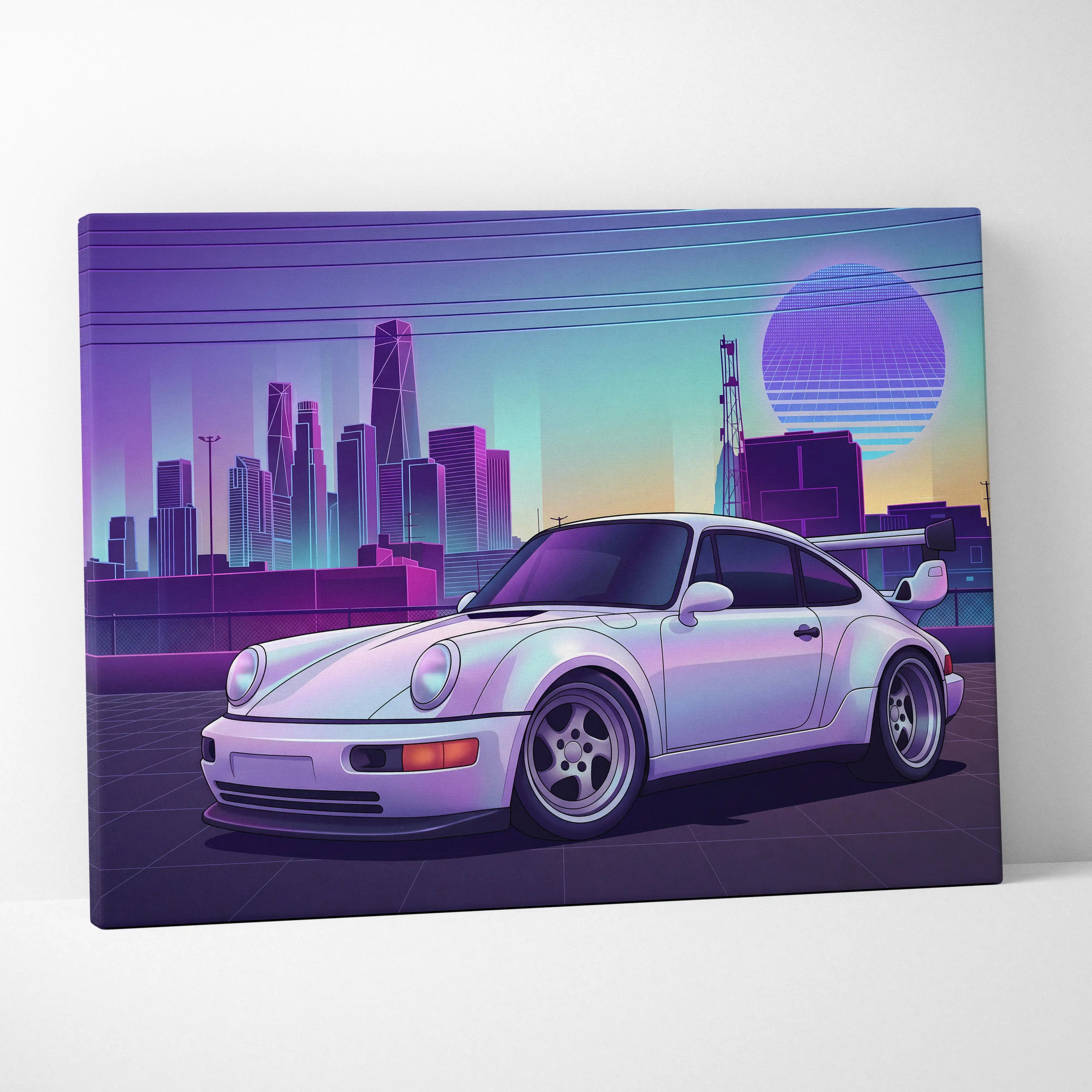 Porsche 911 Turbo Classic Inspired White Purple Canvas Wall Art Vaporwave Neon City Sports Car Artwork, Retro Sunset Garage Decor
