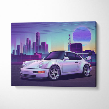 Porsche 911 Turbo Classic Inspired White Purple Canvas Wall Art Vaporwave Neon City Sports Car Artwork, Retro Sunset Garage Decor