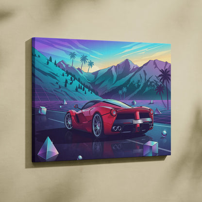 Ferrari LaFerrari Inspired Red Blue Canvas Wall Art Vaporwave Mountain Road Hypercar Artwork, Neon Sunset Garage Decor