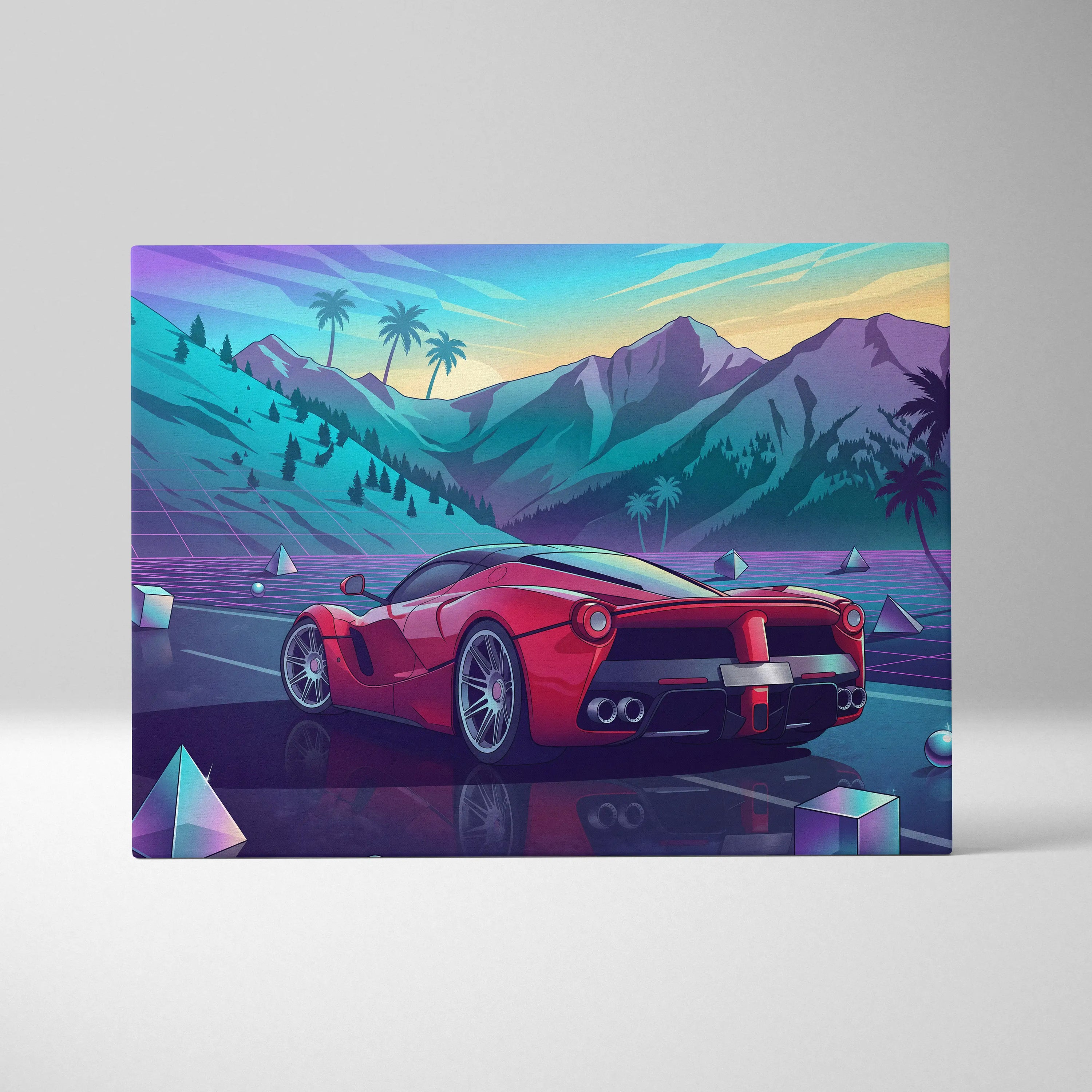 Ferrari LaFerrari Inspired Red Blue Canvas Wall Art Vaporwave Mountain Road Hypercar Artwork, Neon Sunset Garage Decor