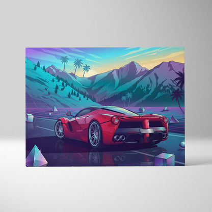 Ferrari LaFerrari Inspired Red Blue Canvas Wall Art Vaporwave Mountain Road Hypercar Artwork, Neon Sunset Garage Decor