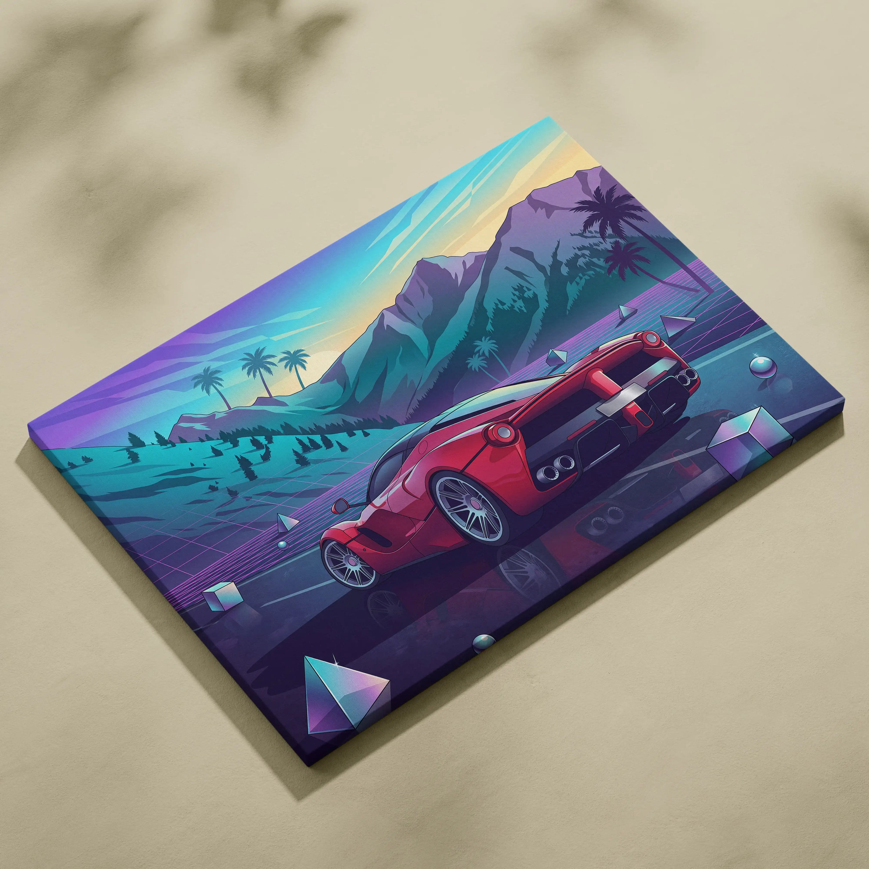 Ferrari LaFerrari Inspired Red Blue Canvas Wall Art Vaporwave Mountain Road Hypercar Artwork, Neon Sunset Garage Decor