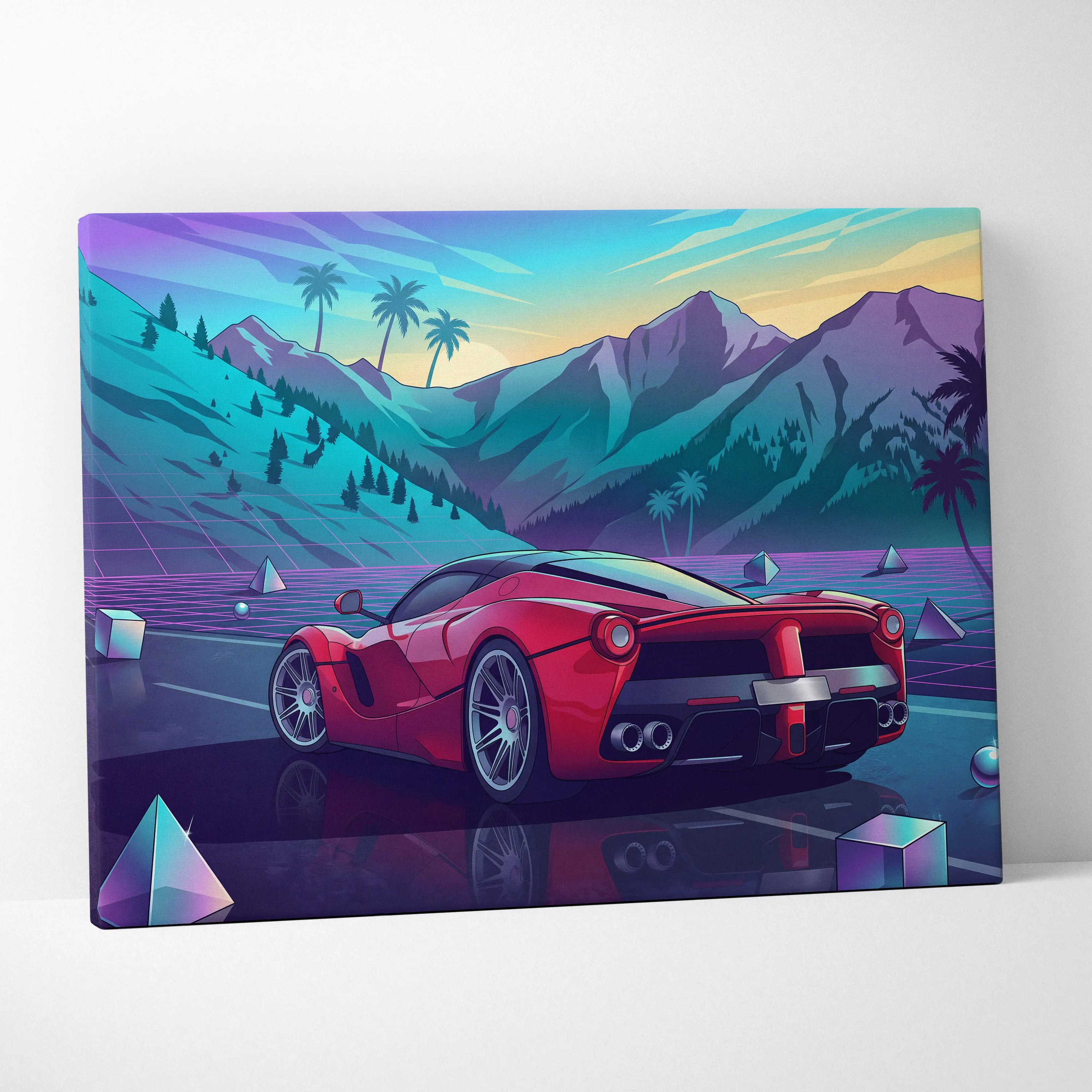 Ferrari LaFerrari Inspired Red Blue Canvas Wall Art Vaporwave Mountain Road Hypercar Artwork, Neon Sunset Garage Decor