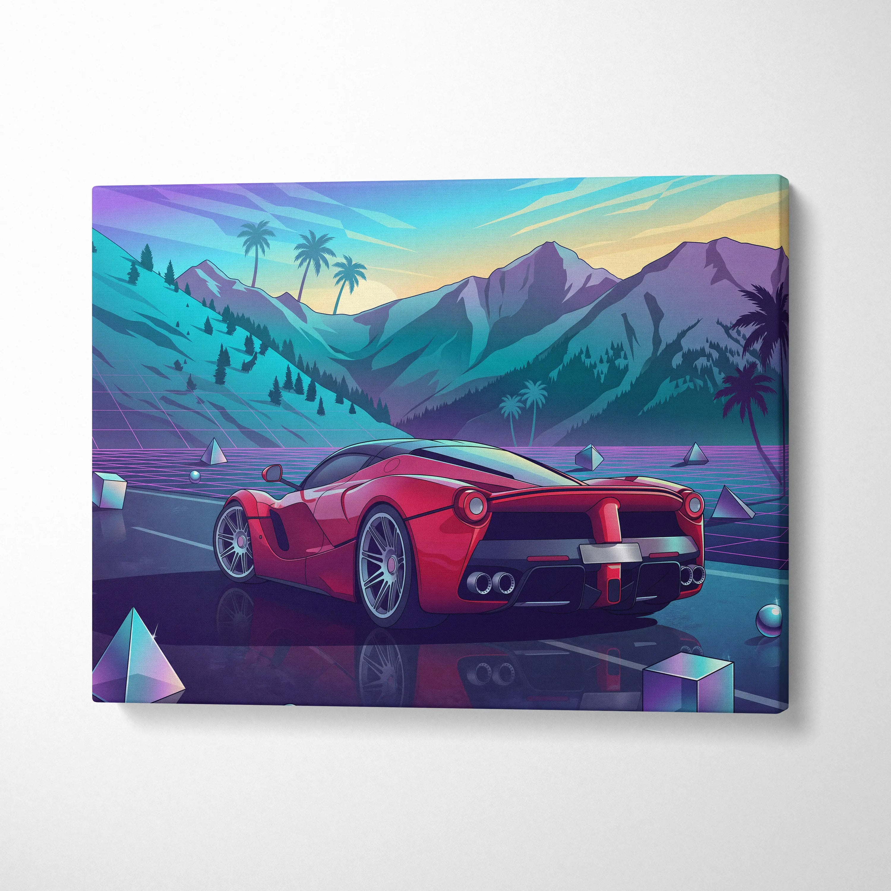 Ferrari LaFerrari Inspired Red Blue Canvas Wall Art Vaporwave Mountain Road Hypercar Artwork, Neon Sunset Garage Decor