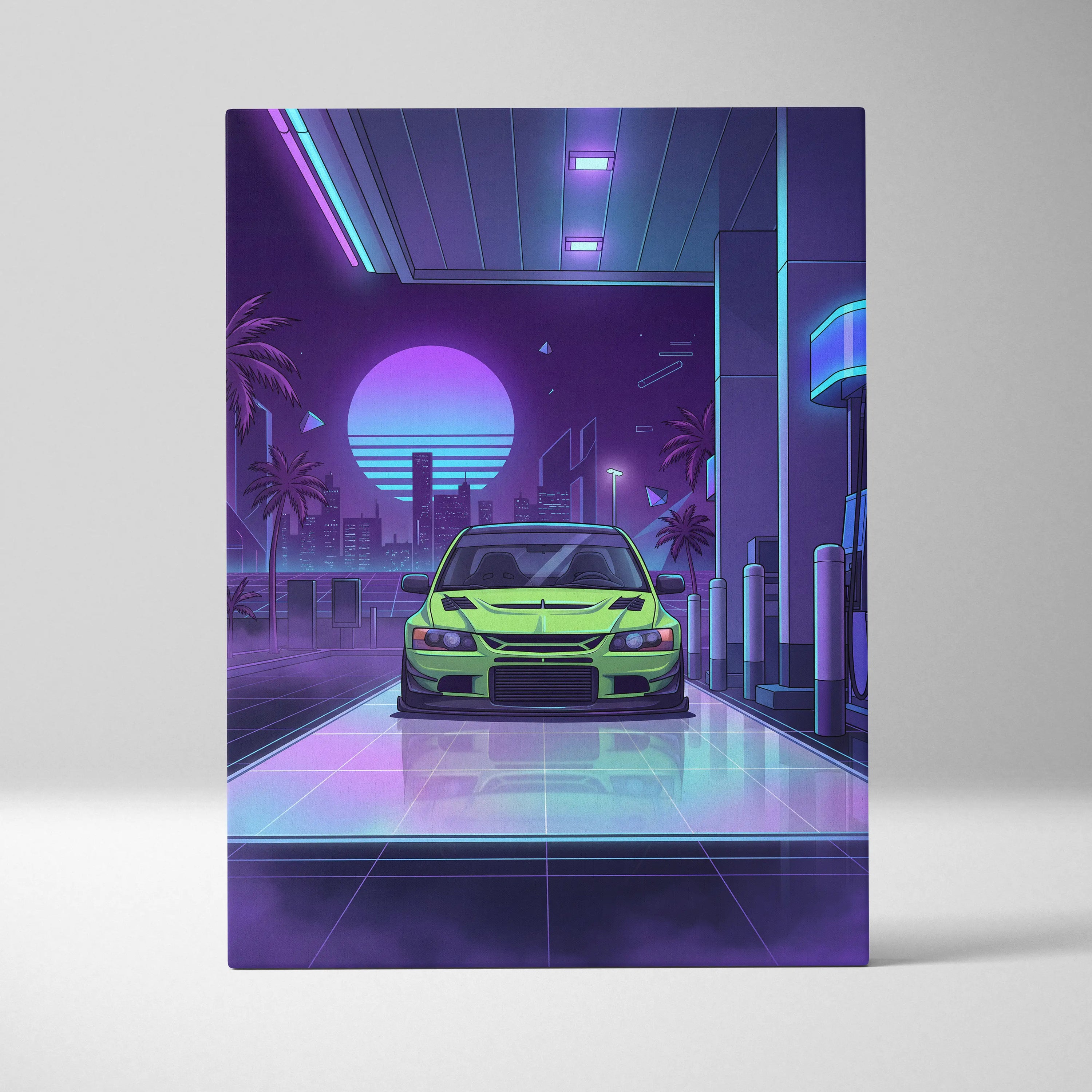 Mitsubishi Lancer Evo Inspired Green Purple City Canvas Wall Art Vaporwave JDM Car Artwork, Neon Gas Station Garage Decor Print